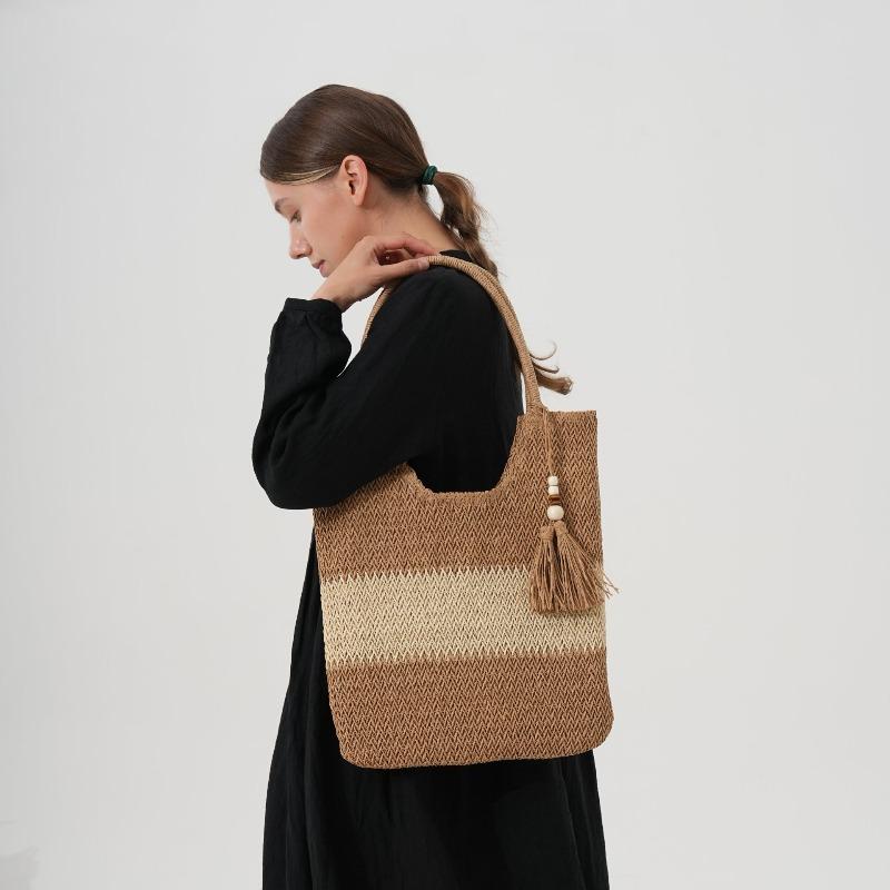 Simple Contrasting Straw Bag Women's Seaside Vacation Woven Bag Large Capacity Zipper Tote Bag Shoulder Beach Bag Portable