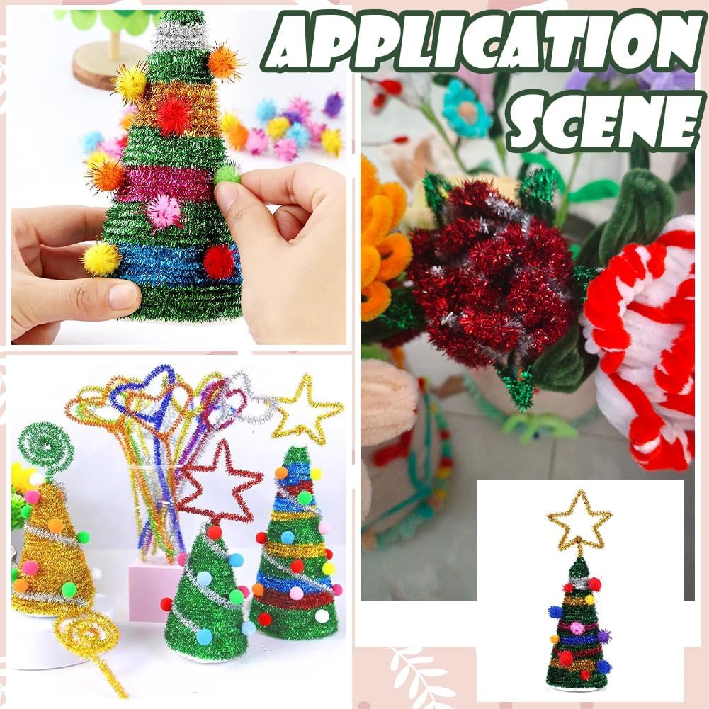 3 Colors 150Pcs Chenille Pipe Cleaners Colorful Pipe Cleaners Bulk Green Gold Red Glitter Reusable Fuzzy Sticks for DIY Craft