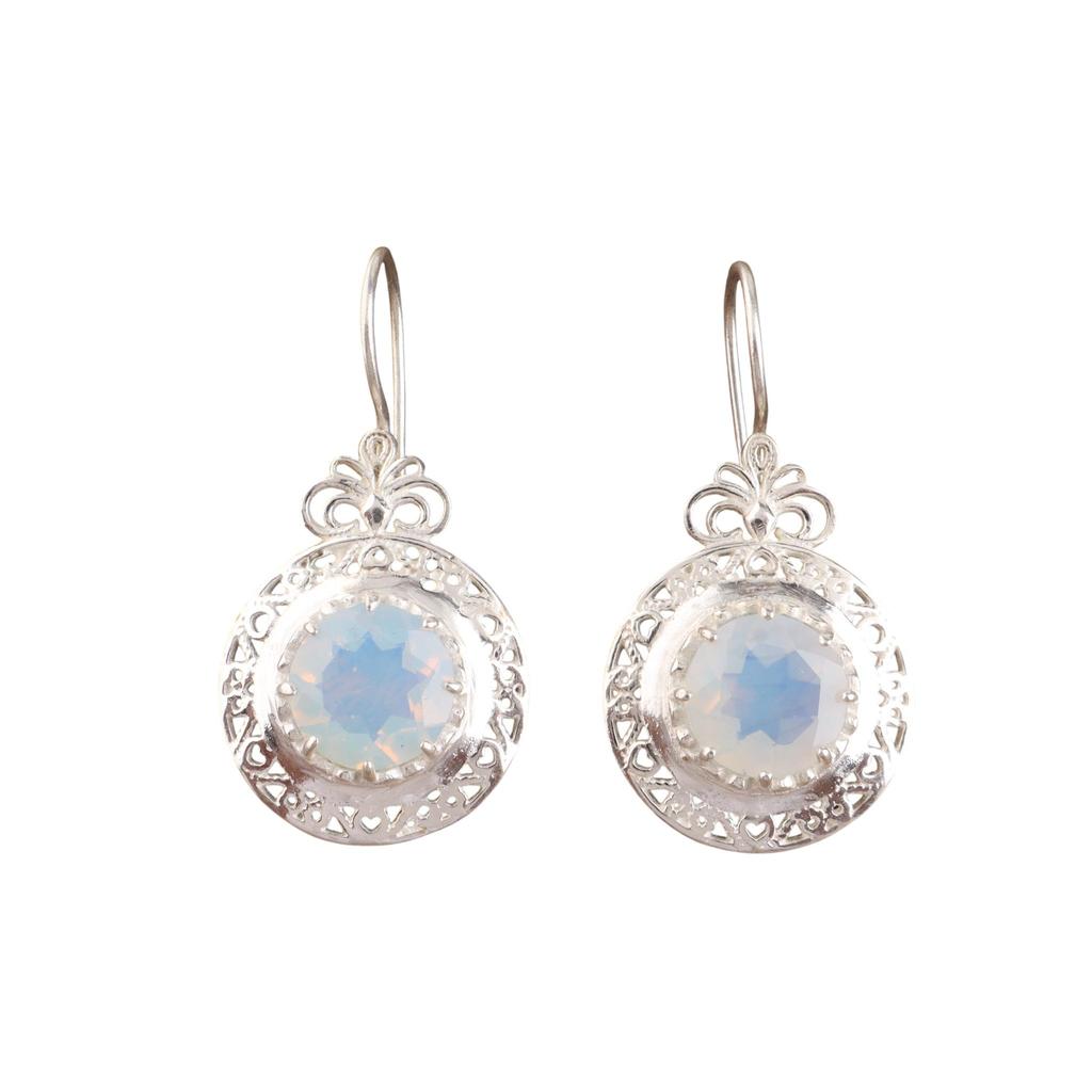 Milky Opal Gemstone Earring 1.5" , 925 Sterling Silver Jewelry, October Birthmonth Gift, Opal Round Earring For Thanksgiving Gift CE-25-18
