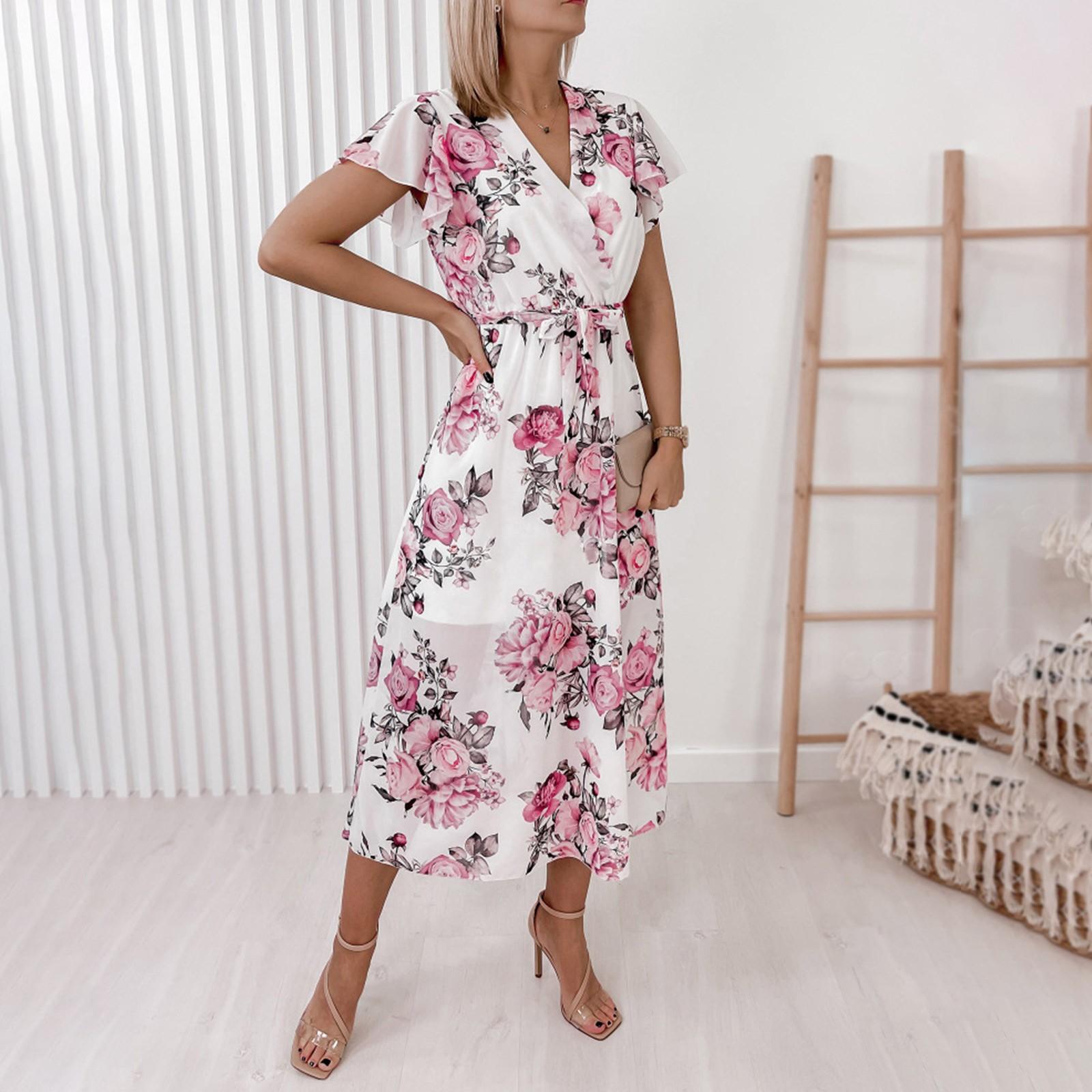 Women s Casual Summer Ruffle Sleeve Chiffon High Waist Printed Midi Dress S