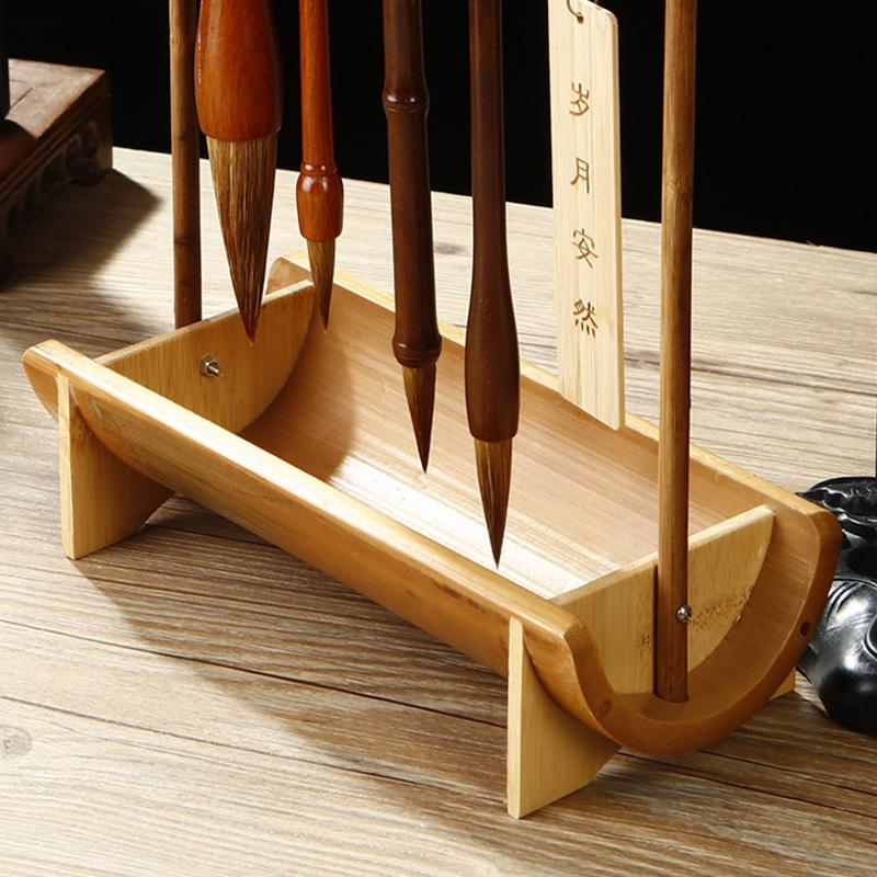 Natural Rosewood Chinese Brush Pen Holder with Bamboo Base Calligraphy Rest Ink Hanger 10 Needles Writing Brush Holder