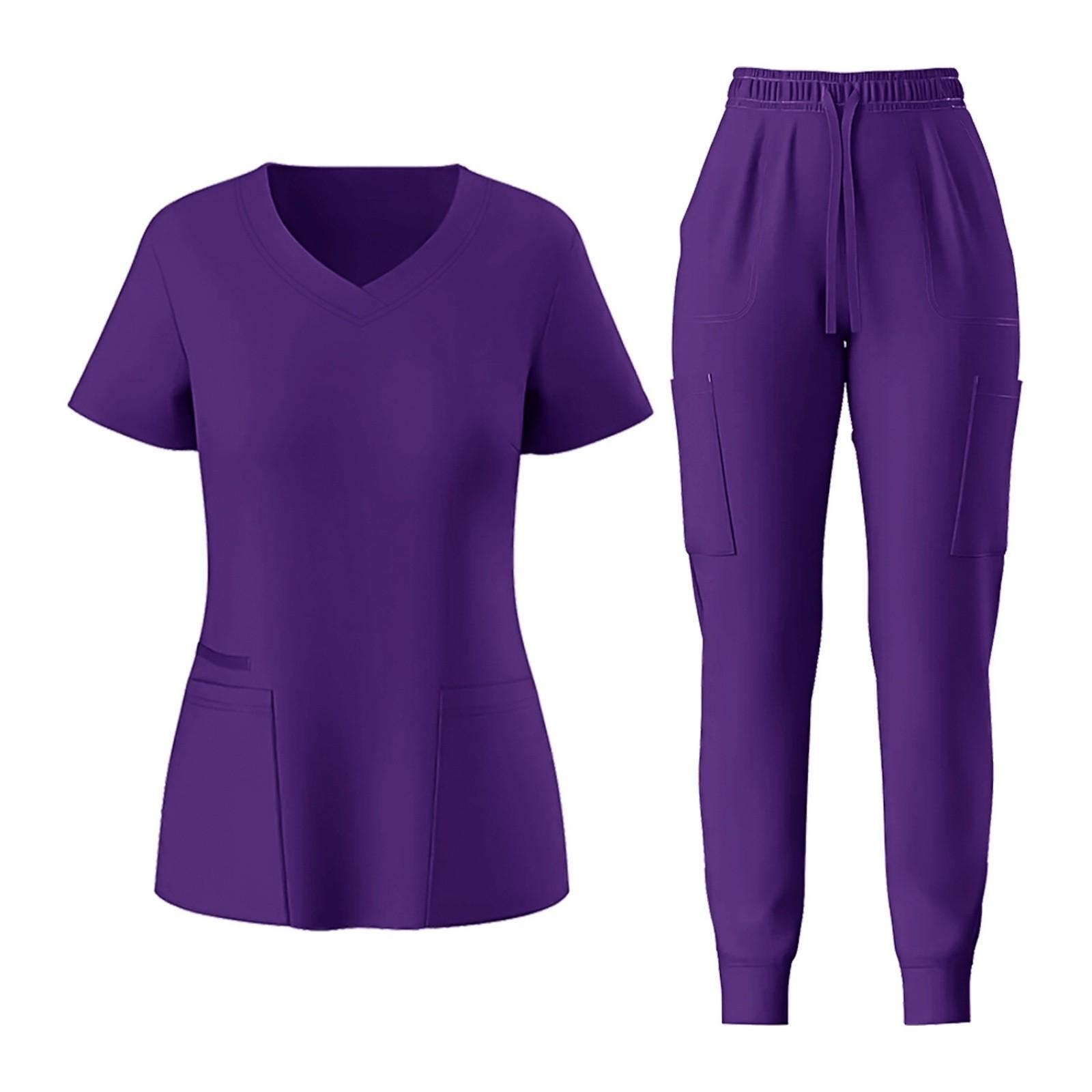 

Soild Scrub Working Uniform Suit For Women s Cross V-Neck Short Sleeve Fun T-Shirts Workwear Tee With Pockets XL
