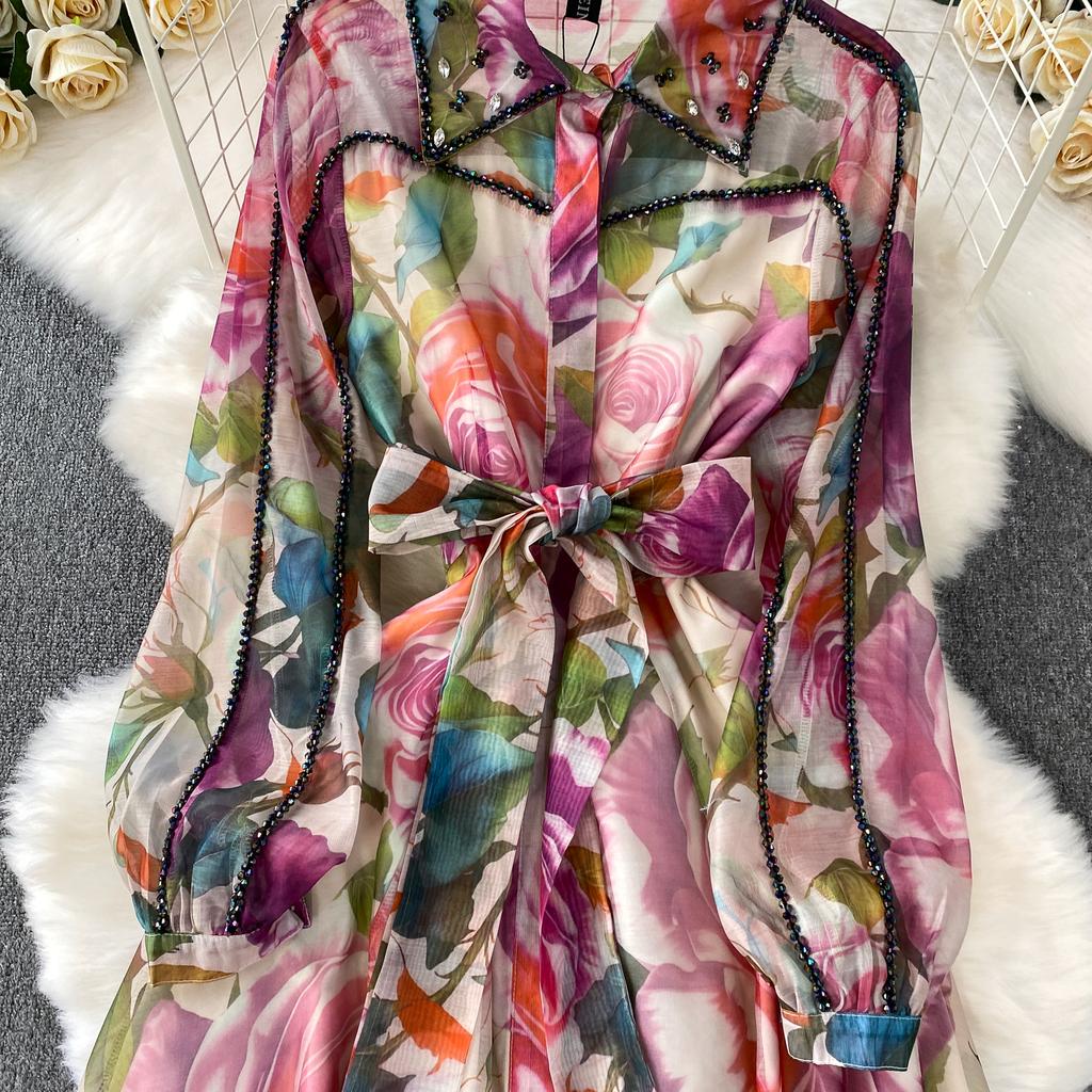 Diamond Embedded Gemstone Collared Long Dr Women's Slimming Beautiful Holiday Print Full Dresses  A-Line Woman Dress