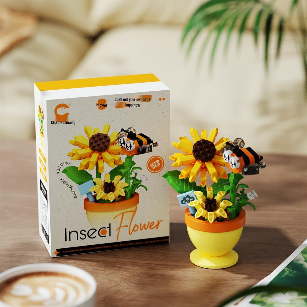 Cross-Border Compatible Mini Building Blocks: Rose Flower, Insect, Succulent Potted Plant Puzzle Toy for Girls