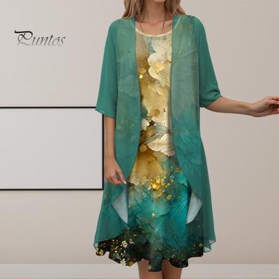2 Pcs/Set Women Coat Dress Set Flower Print Loose Half Sleeves Coat Chiffon Irregular Hem Sleeveless Dress Formal Soft Knee Length Midi Dress