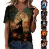 Women's Casual Halloween Print V Neck Short Sleeve Button Front T Shirt Top Lightweight Comfortable Fit for Everyday Wear