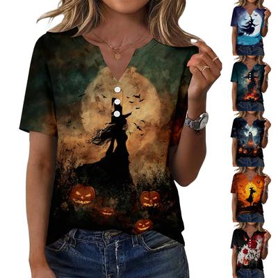 Women's Casual Halloween Print V Neck Short Sleeve Button Front T Shirt Top Lightweight Comfortable Fit for Everyday Wear