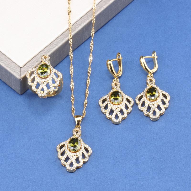 Unique  Gold Plated Wedding Accessories Big Jewelry Sets Colorful Zircon Bridal Necklace And Earrings Ring For Women Gift