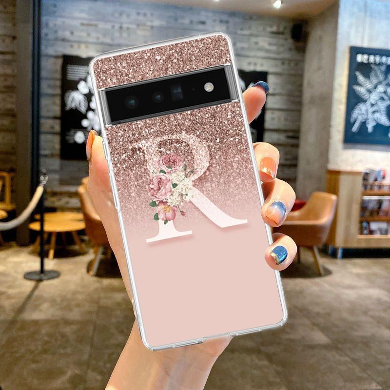 

Letter Pink Shiny M Transparent Phone Case For Google Pixel 9 8 7 Pro 8A 7A 6A 6 Pro XL 5 4 5A 4A 3A 5G Soft TPU Clear Cover Pixel 4A