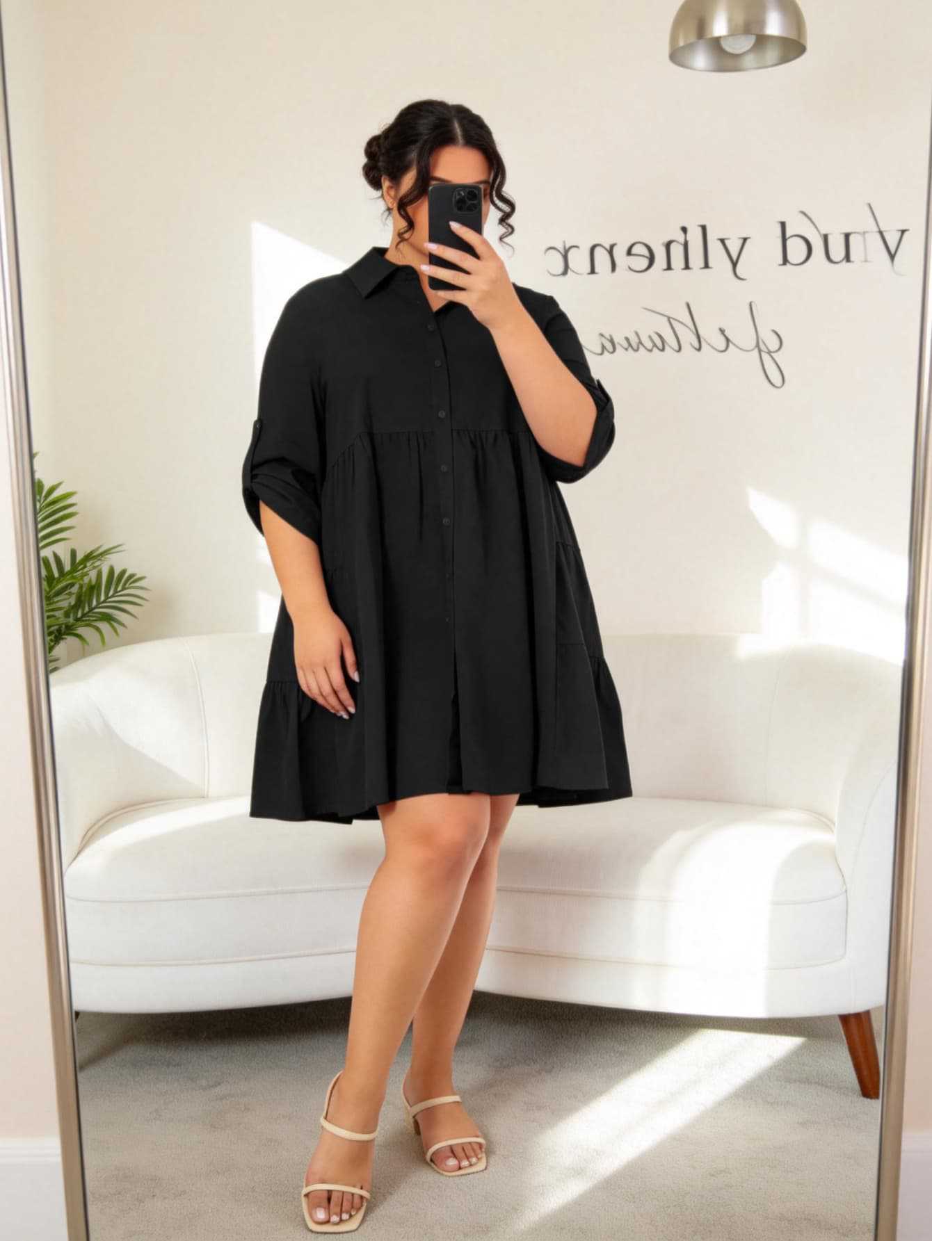

Popular large-size black dress, lapel breasted layered pleats, loose casual women s clothing 0XL чёрный