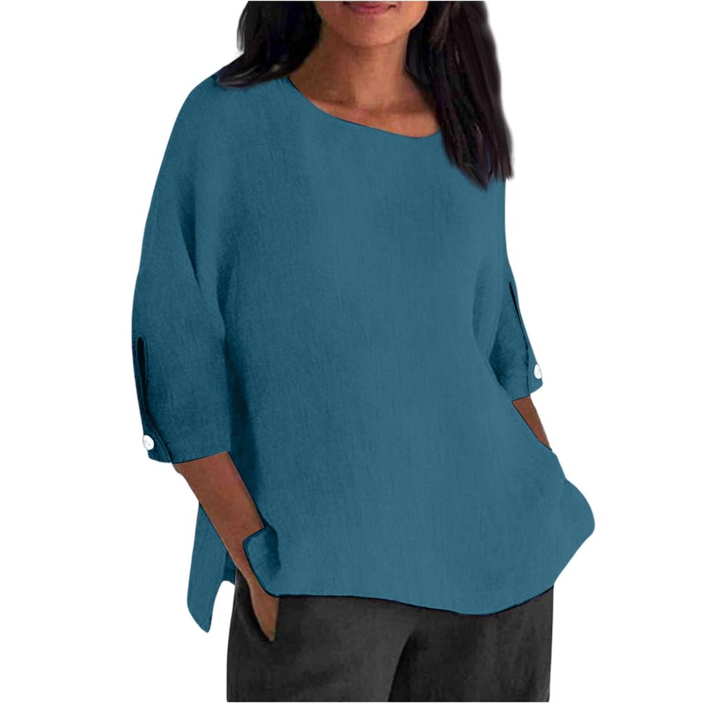 Women's Fashion Seven-Quarter Sleeve Round Neck Color Loose Casual Shirt Tops