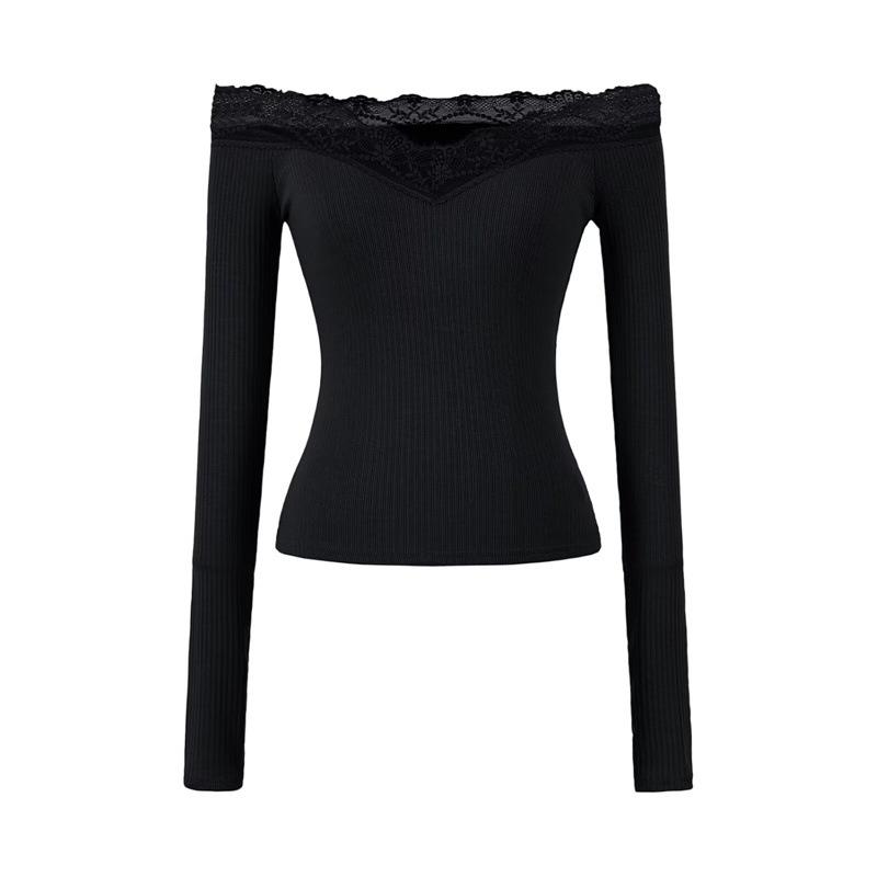 Spicy Lace Off-Shoulder Crop Top: Women's One-Shoulder Long-Sleeve, Waist-Cinching, Sexy Style.