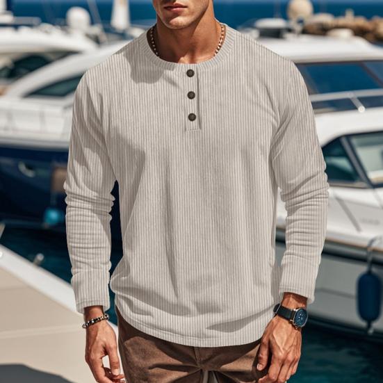 Men Long Sleeve T-Shirt Corduroy Solid Color Spring And Autumn T-Shirt Casual Henry Collar Slim Fit Tee for Daily Wear Travel Office
