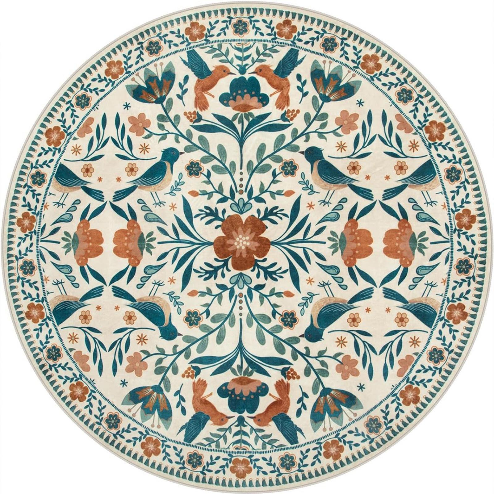 

Round Floral & Bird Carpet - Vibrant Orange/Blue Blooms , Symmetrical Bohemian Rug for Living Room, Nature-Inspired Decor 120cmx120cm