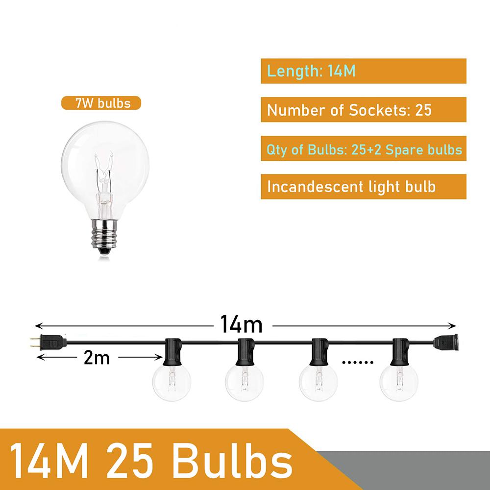 Warmweiß, 25 klare Glühbirnen, G40-Lichterkette, Globus, Party, Weihnachten, Lichterkette für Garten, Baum, Straße, Hochzeit, draußen, drinnen, Dezember