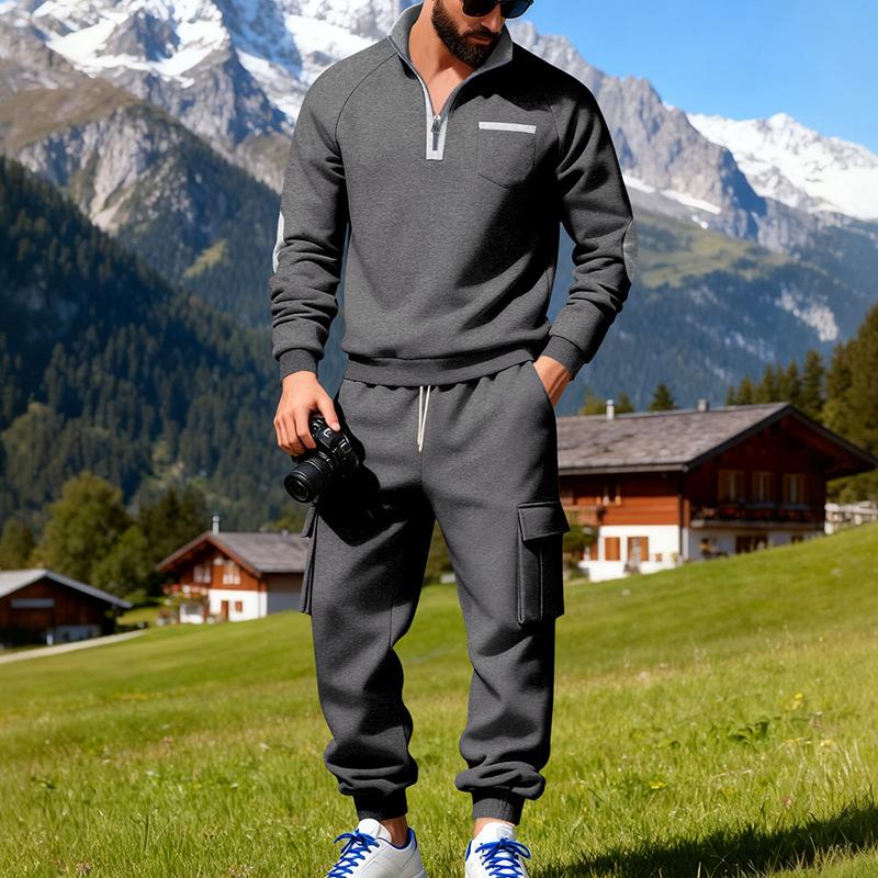 Mens Casual Tracksuit Sets Cross-Season And New Style Mens Slim-Fit Stand-Collar Tracksuit Workwear Sports Long Pants Set