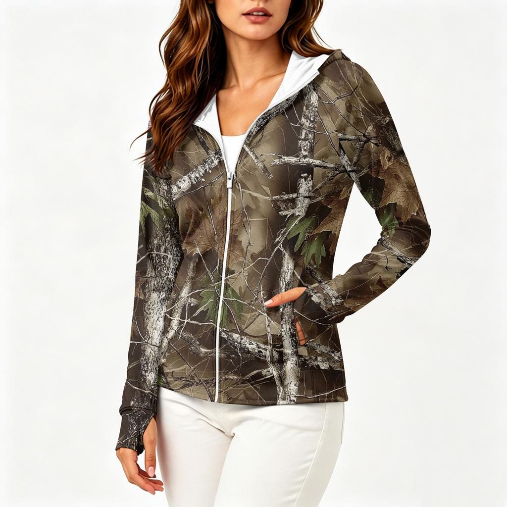 Women's Lightweight Zip-Up Hooded Jacket with Long Sleeves Pockets and Camouflage Print Sun Protection Outerwear