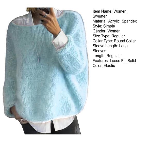 Women Sweater Round Neck Long Sleeve Loose Fit Knitting Tops Breathable Loose Hem Solid Color Knitwear