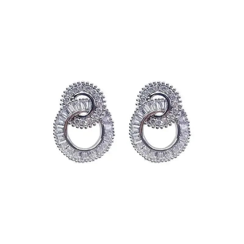 Female 5A Zircon Stud Earrings Fashion Circle Connection Stud Earrings  Sterling Silver Earrings for Women Wedding