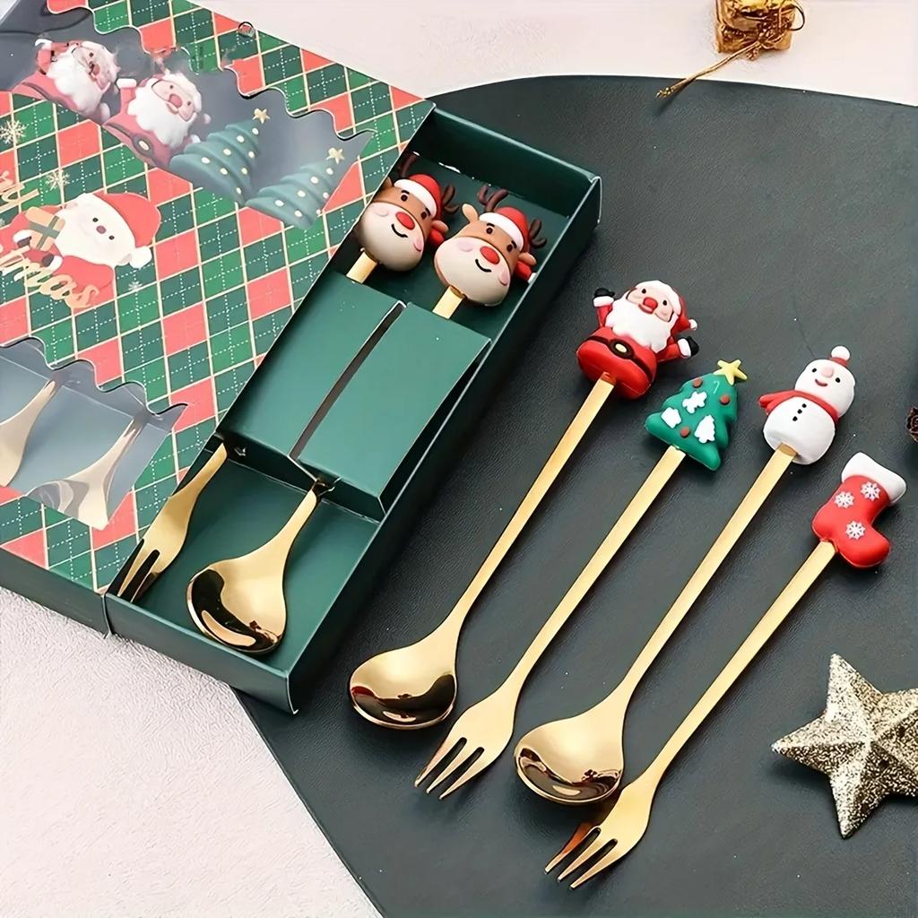 2/6Pcs Christmas Fork And Spoon Set,Stainless Steel Creative Tableware,Coffee Tea Dessert Forks And Spoons Gift Set