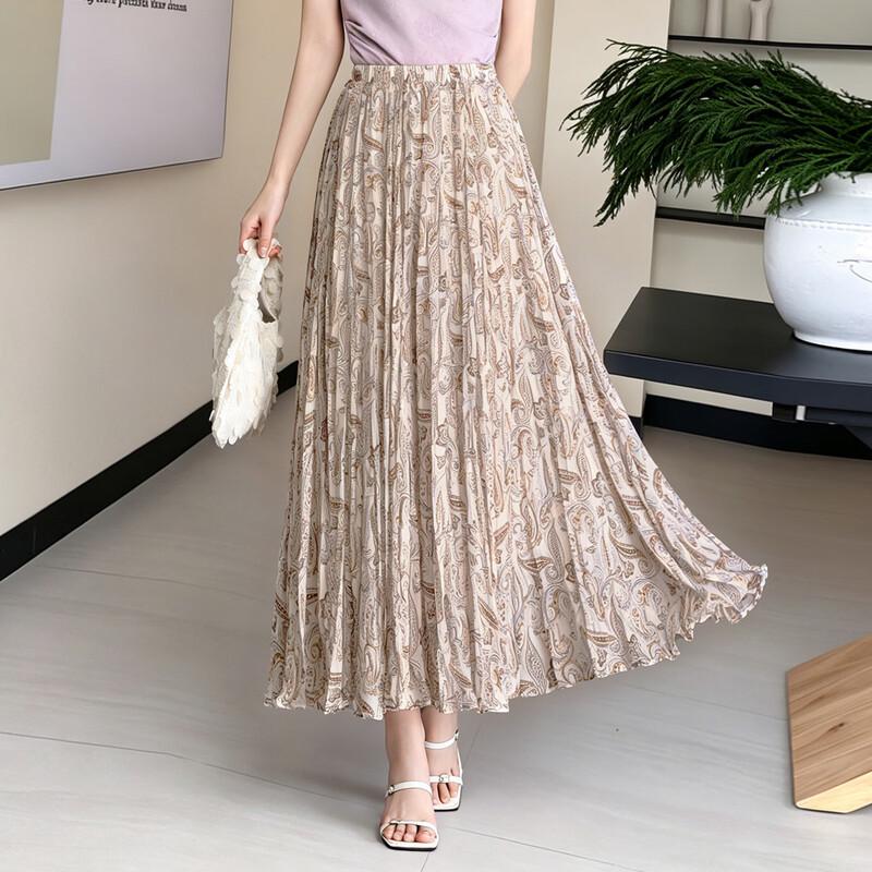 Retro Vacation Style Pleated High-Waist Printed Long Skirt S