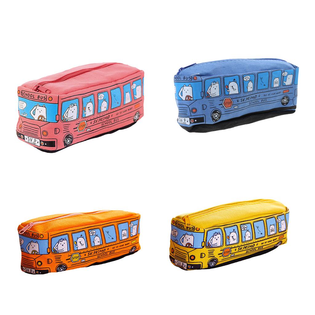 Cartoon Bus Shaped Pen Case Canvas Pen Bag Zippered Pen Pouches Big Capacity Pen Case Stationeries Organiser for Student