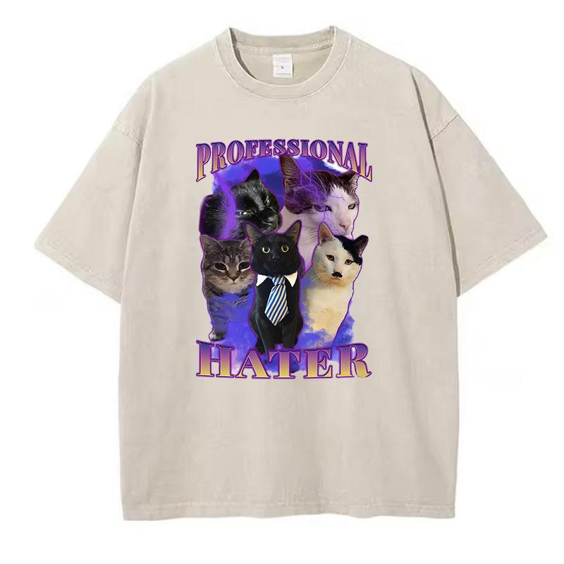 Retro T-Shirt Vintage Gewaschenes Baumwoll-T-Shirt Professioneller Hater Katze Grafik-T-Shirt Lässige Streetwear Frühling Sommer