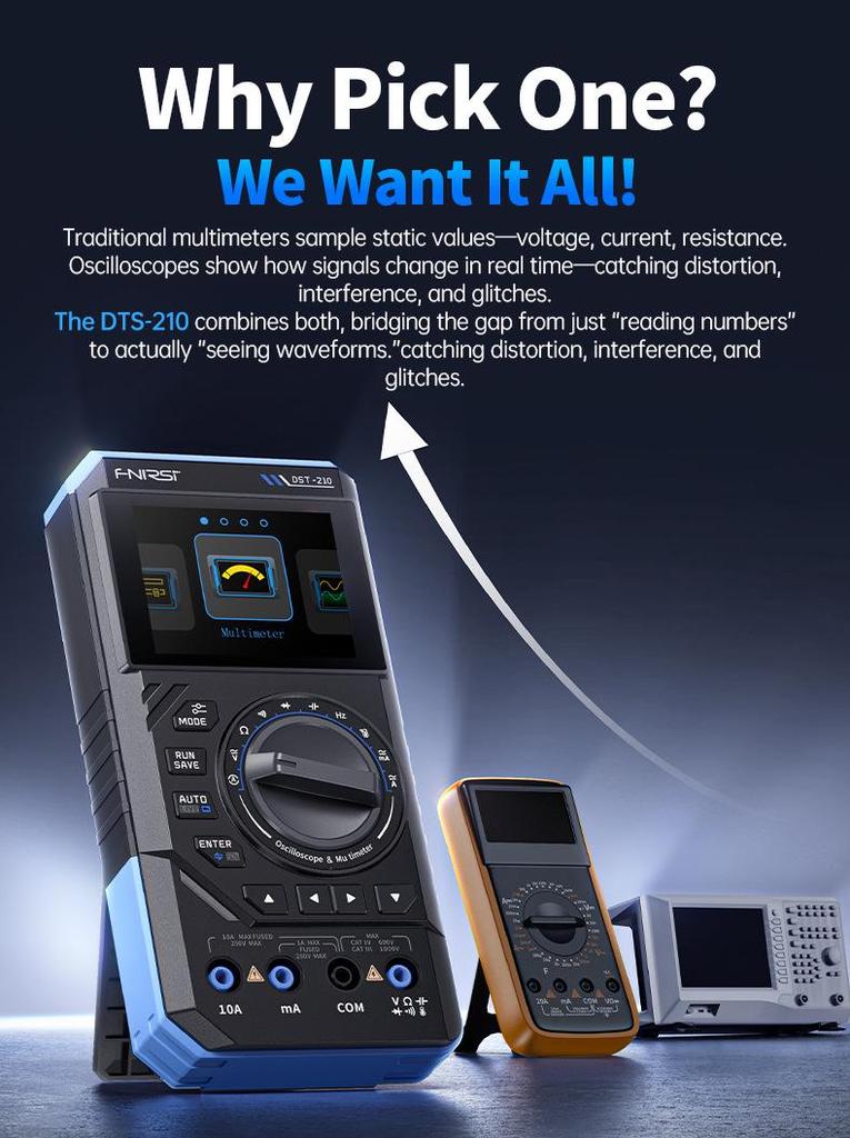 FNIRSI DST210 3-in-1 Digital Multimeter: 4.5 Digit, 10M Bandwidth Oscilloscope & Signal Generator