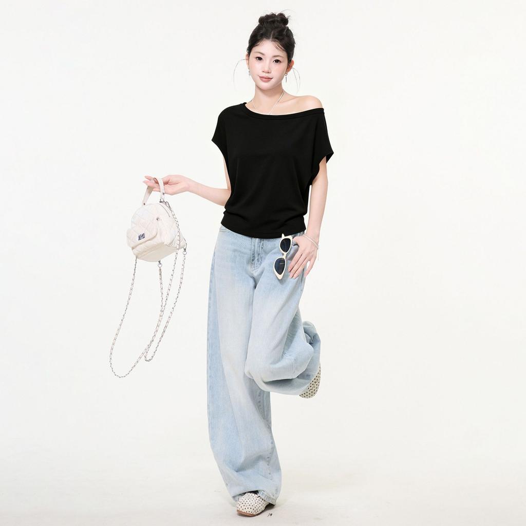 Solid color simple casual slanted shoulder off-the-shoulder short-sleeved T-shirt women's summer basic loose and thin pullover