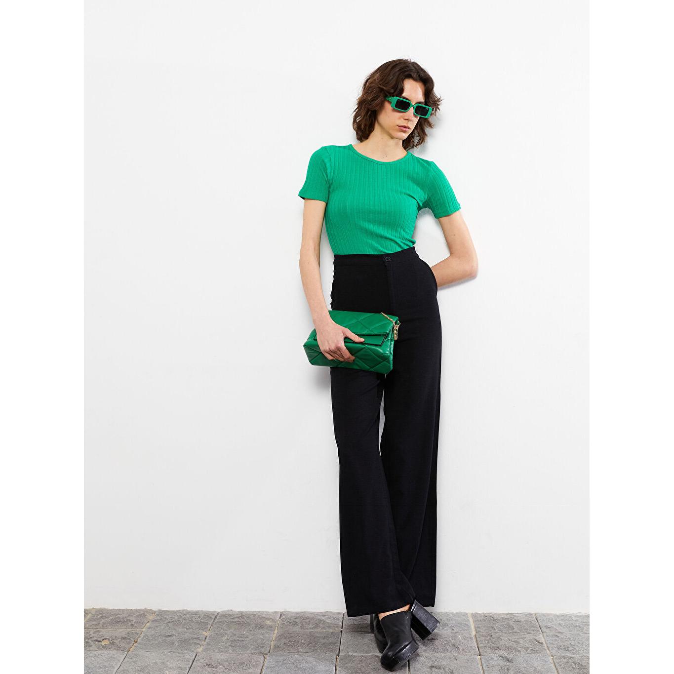 

LCW CASUAL Круглый вырез Твердая хлопковая женская футболка с коротким рукавом Зеленая