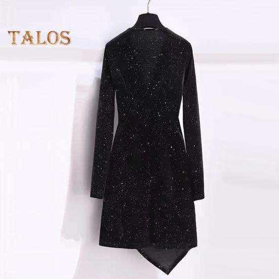 Damen Kurzes Kleid V-Ausschnitt Lange Ärmel Plissee Reine Farbe Slim Fit Etuikleid Unregelmäßiger Saum OL Pendeln Party Abschlussball Minikleid Abendveranstaltungen