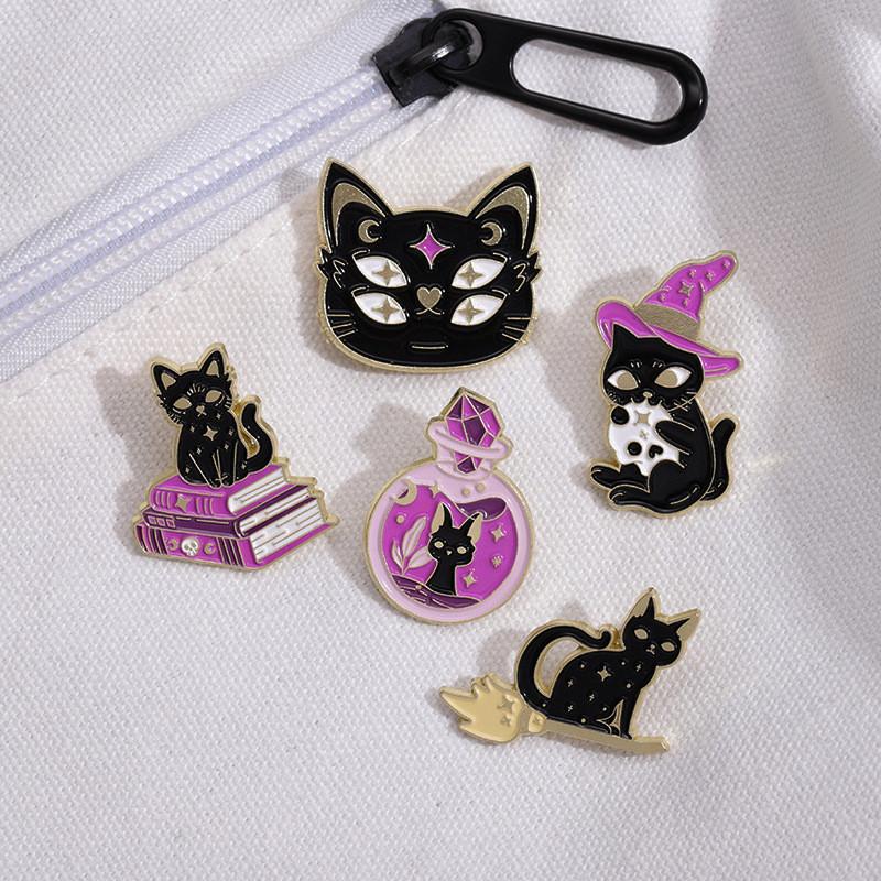 Stylish Alloy Animal Brooch Featuring A Magical Black Cat And Purple Hat Design