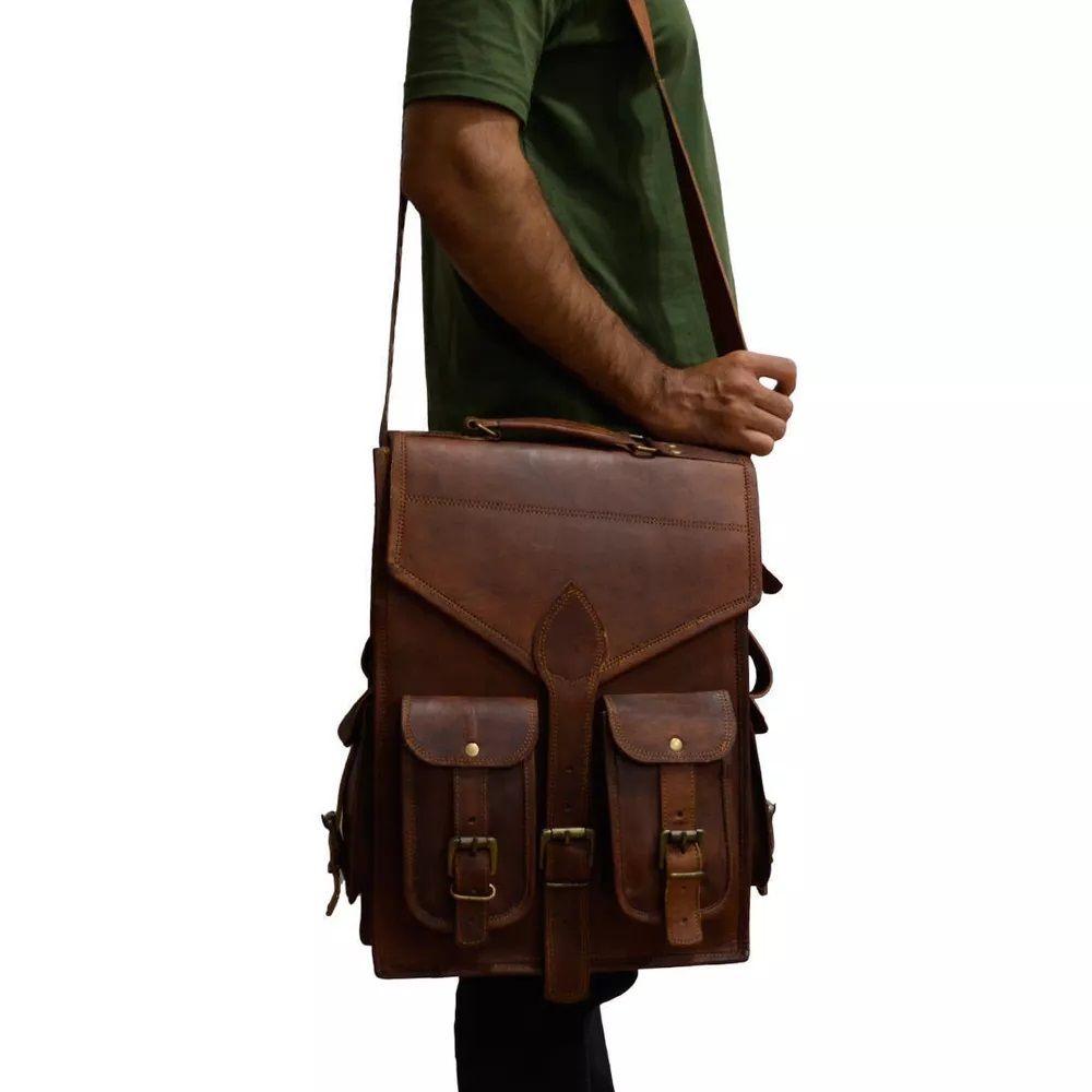 Classic Premium Genuine Brown Handmade Goat Leather Men's Satchel Messenger Bag