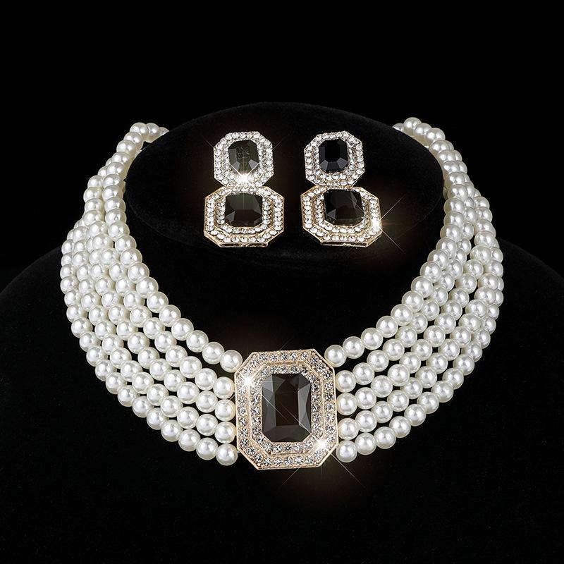 Multi-layer imitation pearl geometric rectangular crystal necklace earrings bridal choker diamond necklace collar women
