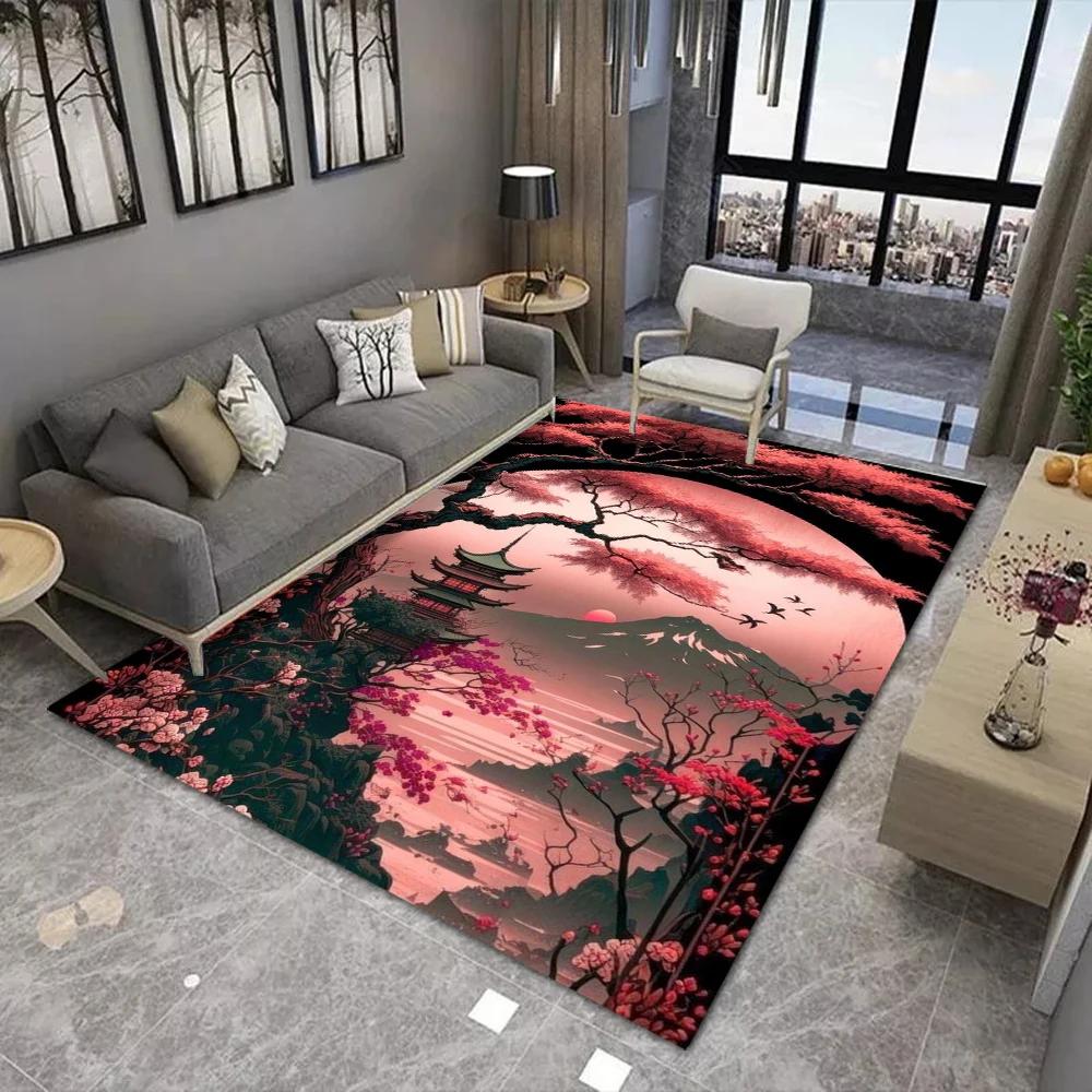 Japanese Cherry Blossom Mount Fuji 3D Area Rug for Kids Bedroom Living Room Sofa Doormat Large Floor Mat Home Decor Gift
