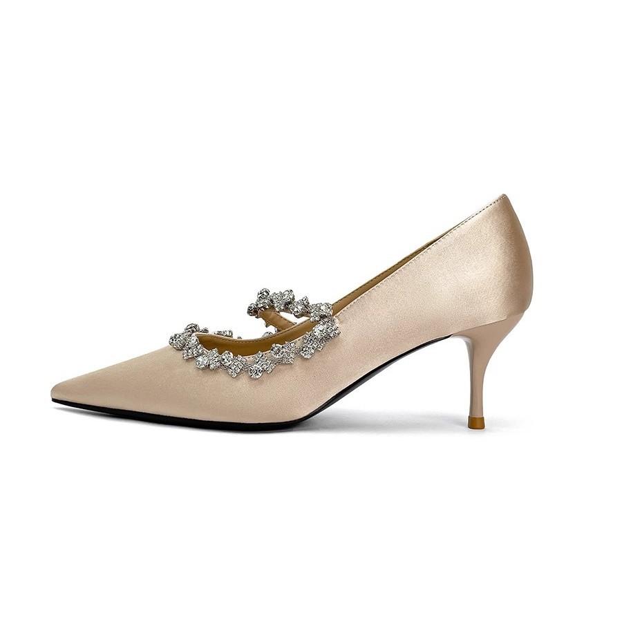 French Beautiful Wedding Shoes Rhinestone Pointed Nude High Heels with Stiletto Single Shoes Gentle Evening Shoes 2025