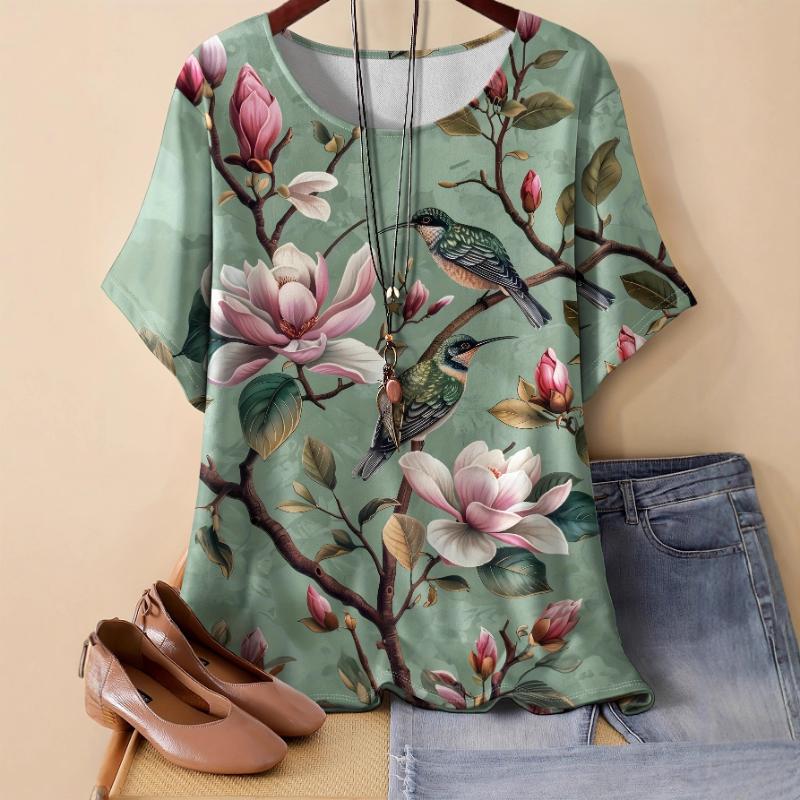 Fashion Women's Flower Short Sleeve Crew Neck T-Shirt 3D Flower Short Sleeve Crew Neck Short Sleeve