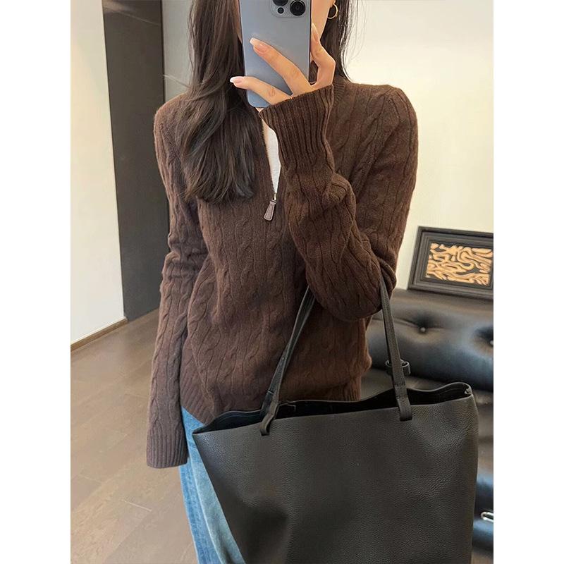 Women's American Style Coffee High-Neck Twist Knit Sweater - Autumn/Winter Versatile Half-Zip Base Layer