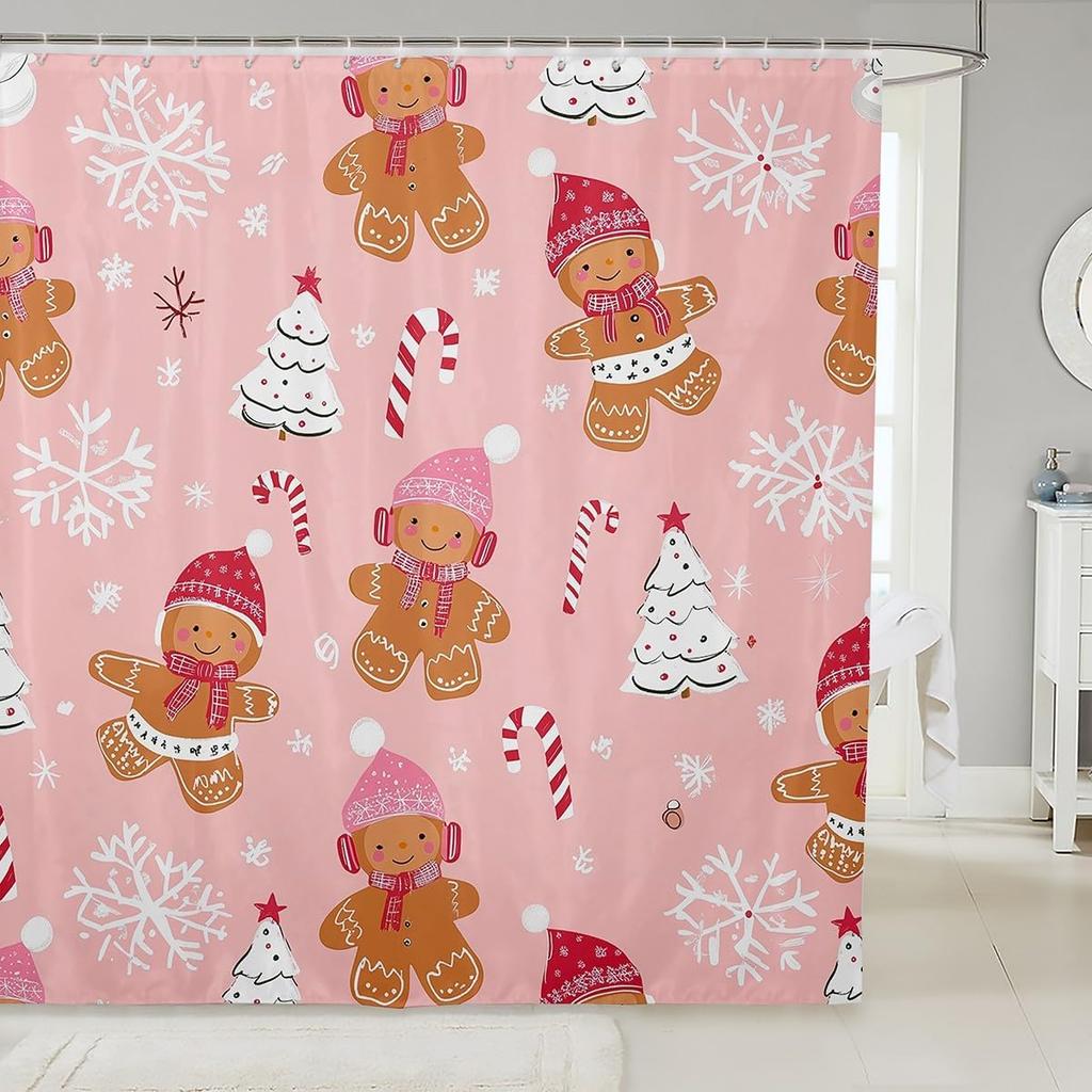 Merry Pink Christmas Shower Curtain,Cartoon Gingerbread Man Bathroom Curtain,Snowflakes Candy Fabric Shower Curtains,Happy New
