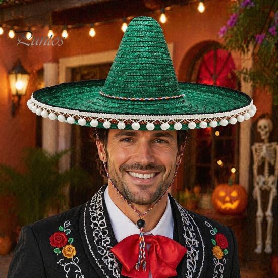 Zonnehoed Mexicaanse Sombrero met Kleurrijke Pompons, Hawaiiaanse Stijl Geweven Strohoed, Brede Rand Lichtgewicht Alle Seizoenen Feestkostuum voor de Zomer