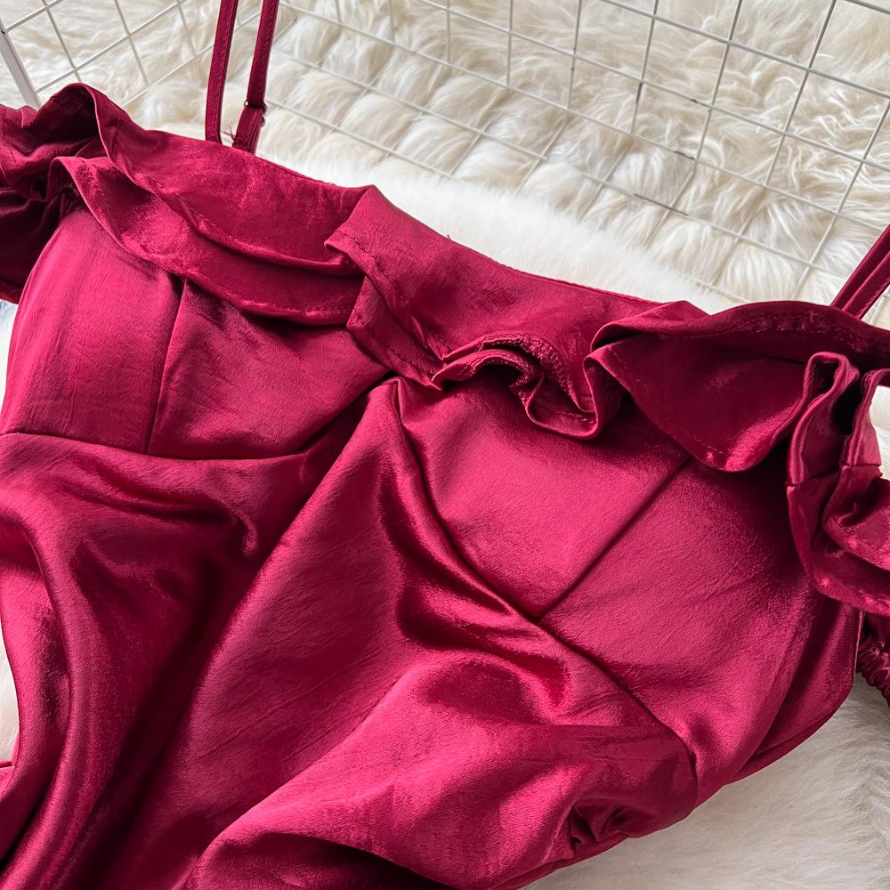 French red suspender with chest pad satin dress women's waist ruffle edge sleeveless A-shaped dress socialite dress