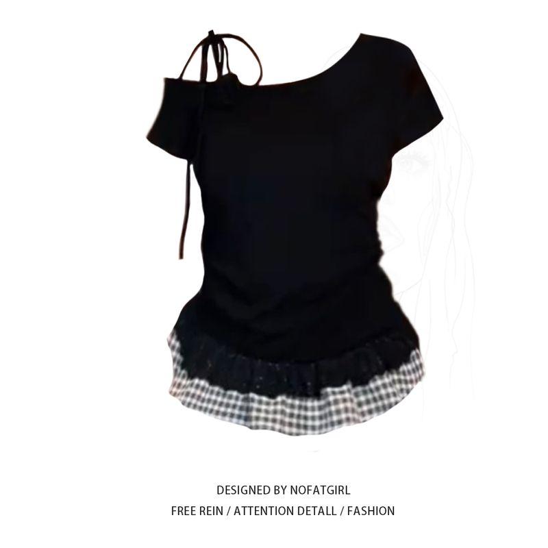Plus Size Fat Sister Sweet Gyaru French Style Bow Sloping Shoulder Short Sleeve T-shirt Women Summer Lace Stitching Short Top
