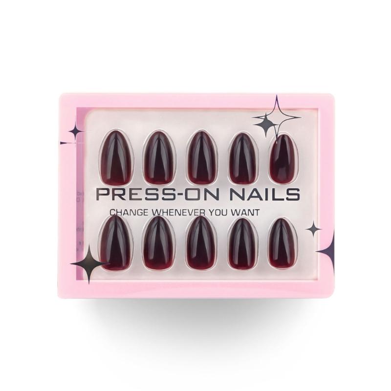 Short Almond Press on Nail,30Pcs Wine Reds Fake Nail in 15 Sizes Glossy False Nail Acrylic Stick on Nail for Women