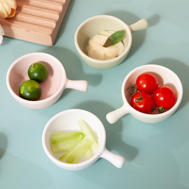 4pcs Ceramic Disc with Handle, Cute Mini Bowl, Cream Dessert Cereal Bowl