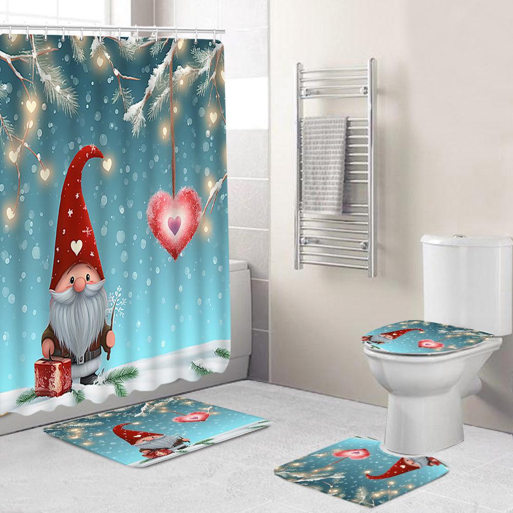 Christmas Toilet Cover Shower Curtain Floor Mat Set Santa Carpet Door Mat Foot Mat Non-Slip Mat