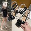 Fashion 2025 Sandals High Heels Square Toe Large Size Female Shoe Breathable New High-heeled  Big Girls Scandals Rome Pumps