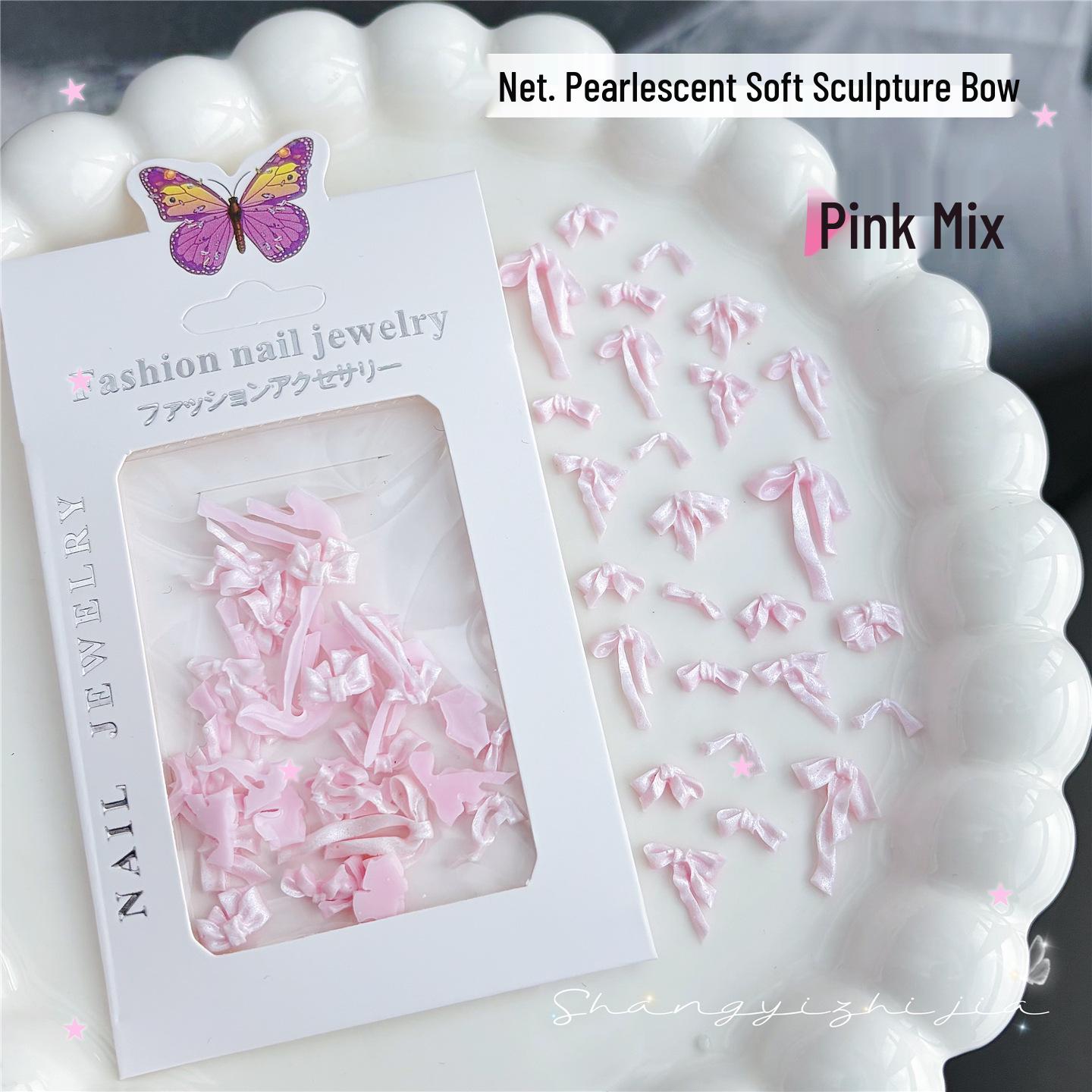 

New Year Red Nail Art with Pearl Bow and Flowing Collar Ribbon - Celebrity Style Glossy White Silk Mix 40 pieces