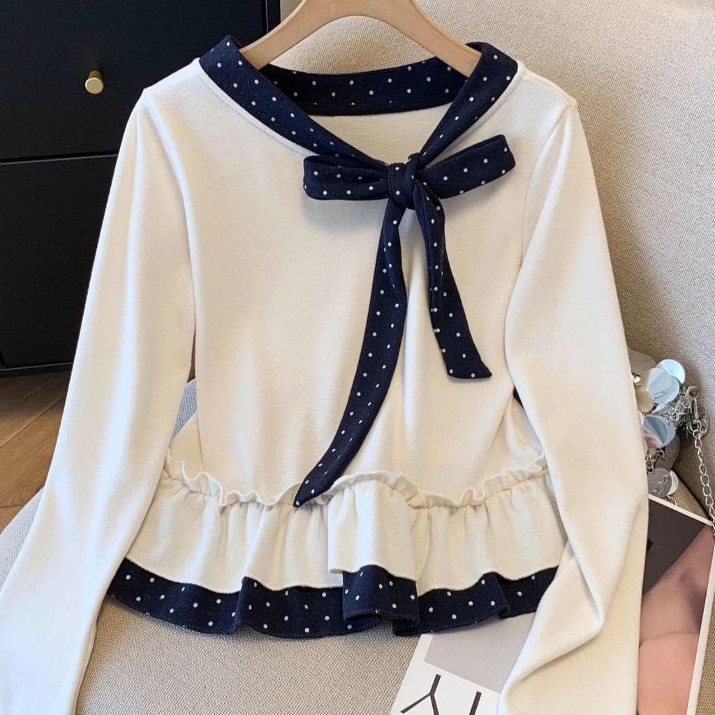 Women's Polka Dot Bow Two-Piece Doll Top - Slim Fit, Long-Sleeved, Autumn/Winter