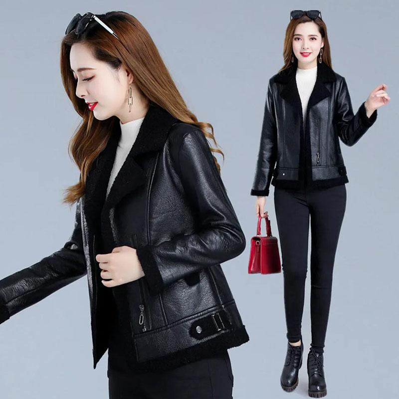 Winter Women's Leather Fashion Fur Coat Lamb Fur Coat Plus Velvet Thick Short Large Size Leather Coat