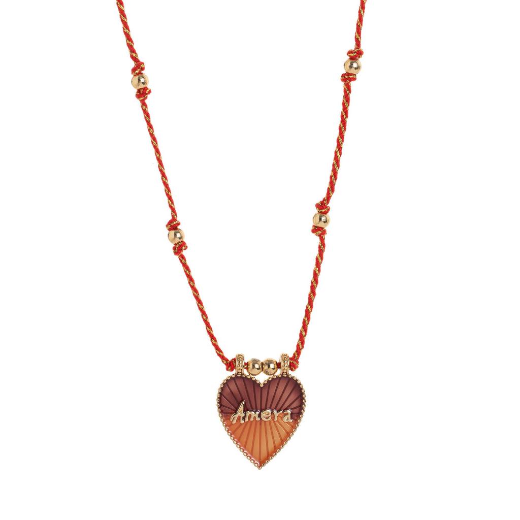Colorfast Beaded Tarot Card Pendant Necklace with Heart-Shaped Charm, Fashionable Gold-Plated Design On Colorful Rope